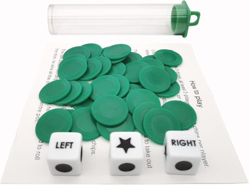 Ahoper Left Right Center Dice Game Prime Set Bundle with 3 Dices + 36 Chips. Round Tube Storage is Very Convenient for Travel. Easy to Store, Carry Around. (Green) - Image 3